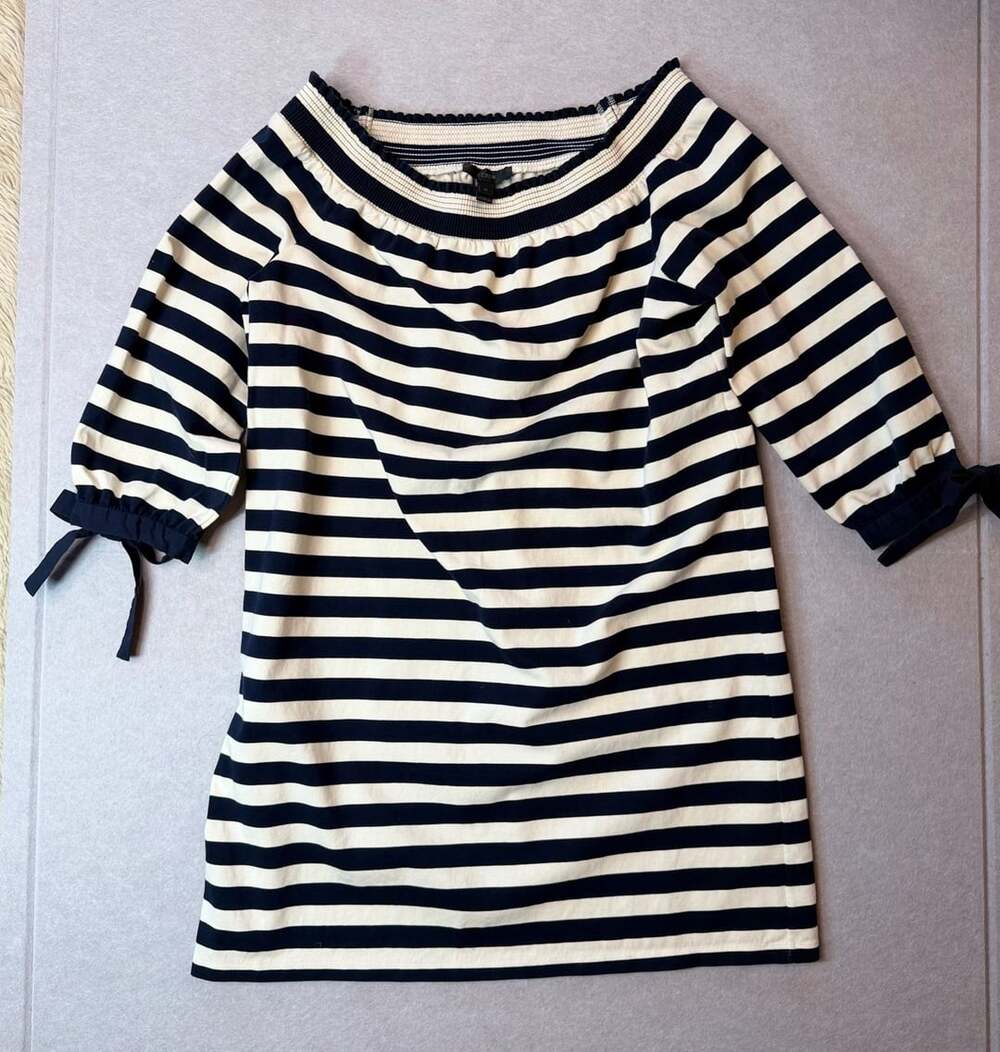J.Crew Women’s G2664 Striped Off Shoulder Dress M Navy Ivory Bow Sleeve